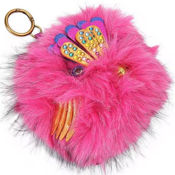 Kurt Geiger NWT Pom Pom Furry Eagle Bag Charm Key Chain - Picture 2 of 6